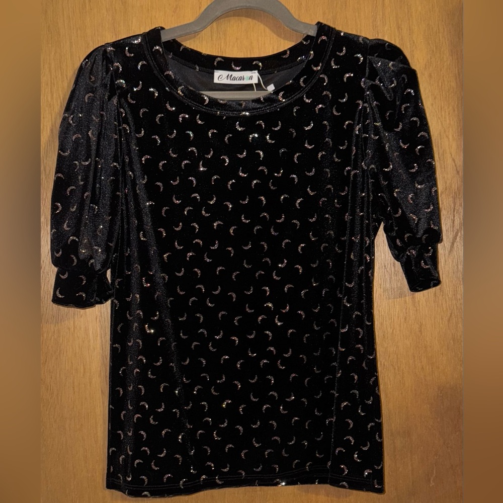 MACARON Black Velvet Blouse with Crescent Moon Pattern, Size S